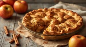 Homemade easy apple pie with lattice crust and caramel apple filling